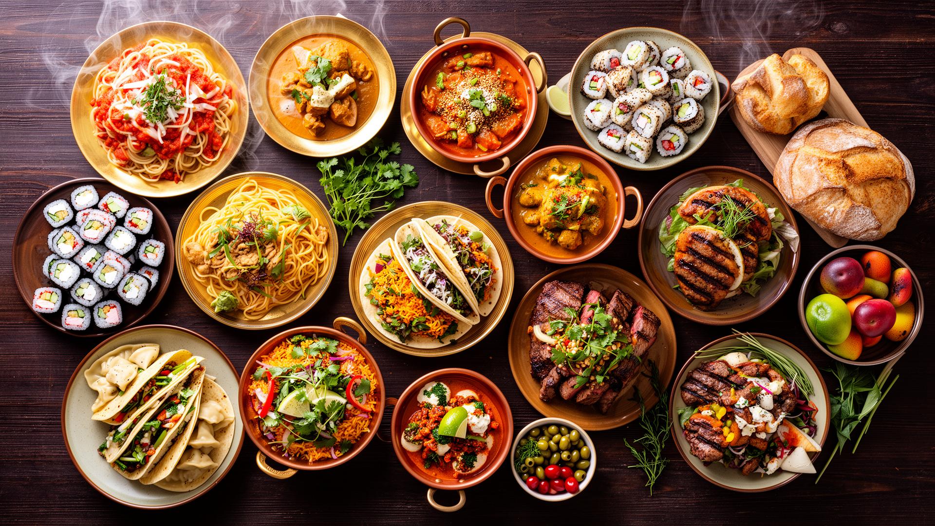 A lavish global food banquet on a wooden table — pasta, sushi, curry, tacos, grilled meats, breads and fresh produce